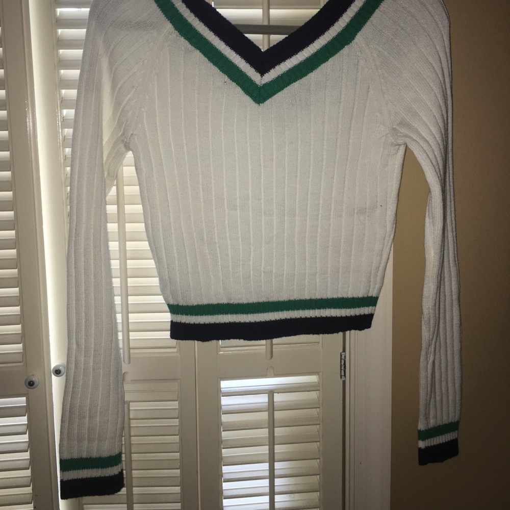 White cropped sweater with green and blue stripes